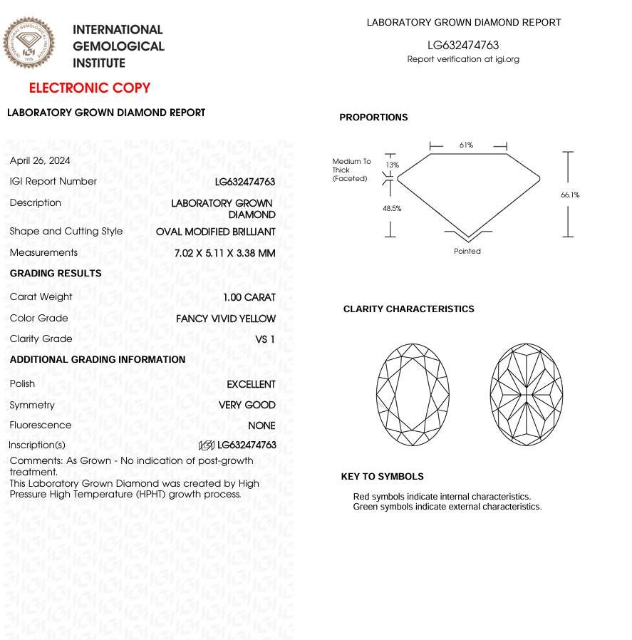 1 CT Yellow Oval Cut Lab Grown Diamond for Engagement Ring or Anniversary Gift | IGI Certified | Gift for Wife