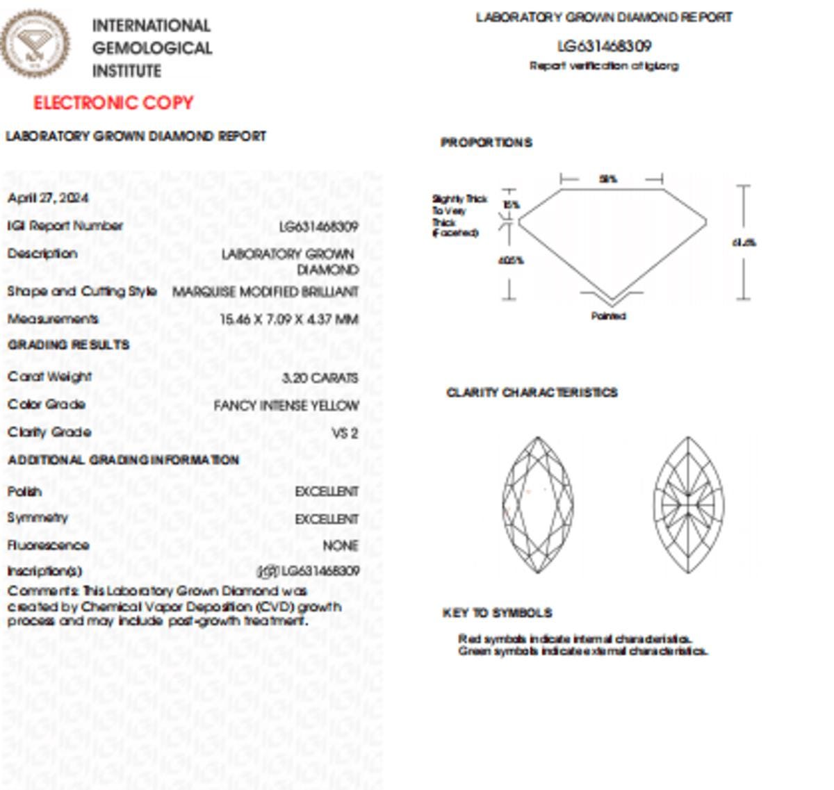 3.20 CT Marquise Intense Yellow Lab Grown Diamond For Engagement Ring