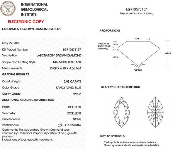 2 CT Marquise Vivid Blue Lab Grown Diamond For Engagement Ring | Anniversary Gift