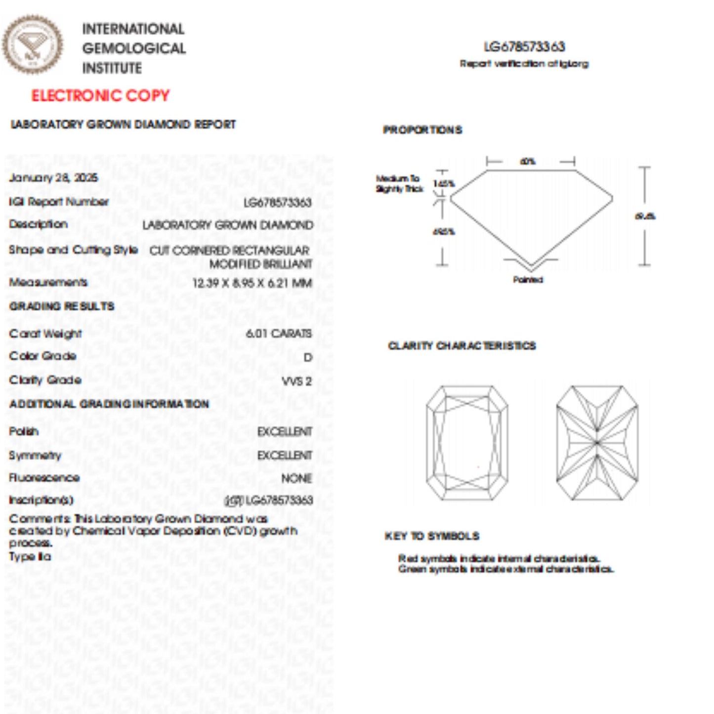 6 CT Radiant Cut Lab grown Diamond For Engagement Ring