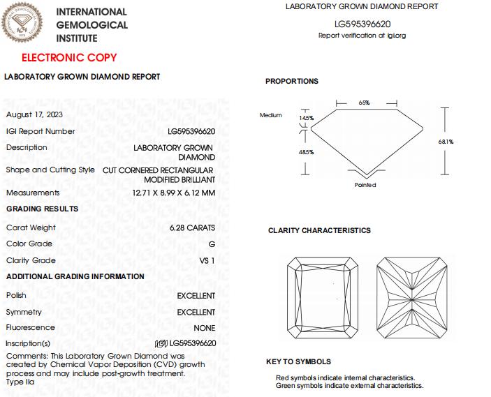 6.28 CT Radiant Cut Lab Grown Diamond For Engagement Ring