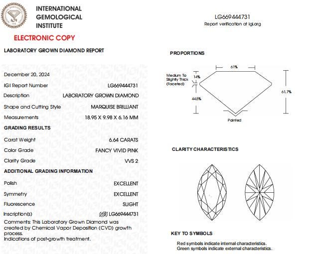 6.64 CT-VVS2 Clarity Marquise Vivid Pink Lab Grown Diamond For Engagement Ring | Best Gift