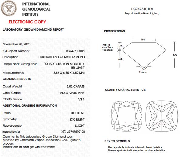 2 CT Fancy Vivid Pink Lab Grown Diamond | Cushion Cut, IGI Certified