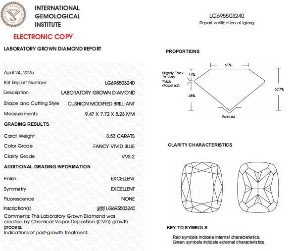 3.53 CT-VVS2 Clarity Cushion Cut Vivid Blue Lab Created Diamond For Custom Engagement Ring