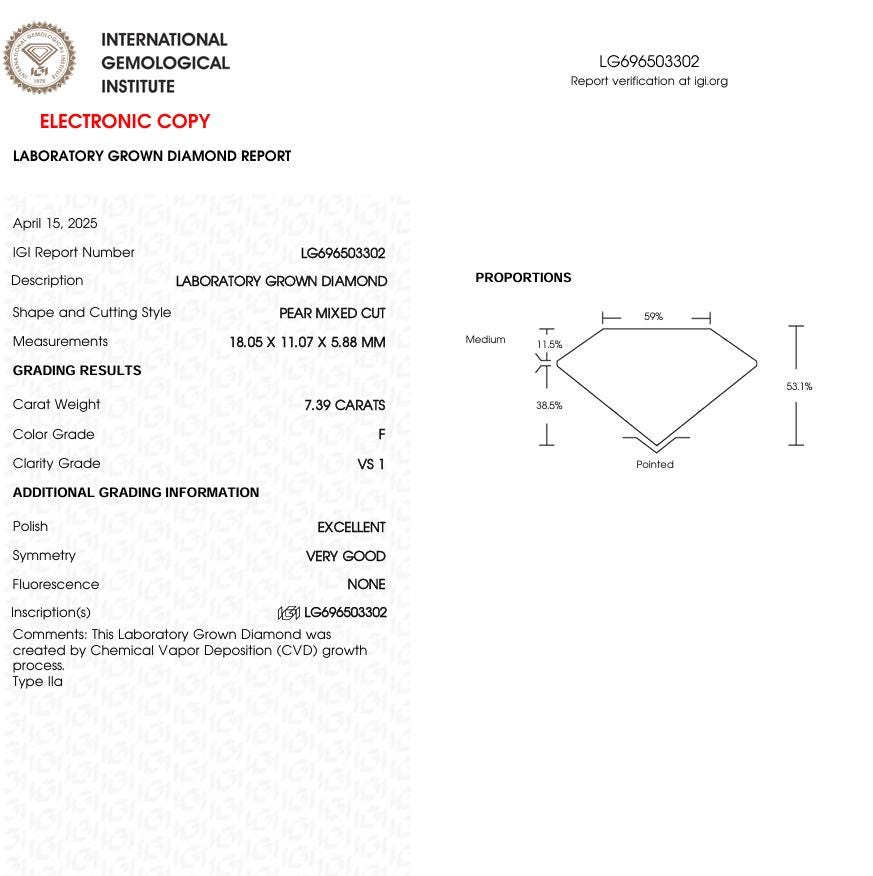 7.39 CT Pear Cut Lab Grown Diamond for Jewelry