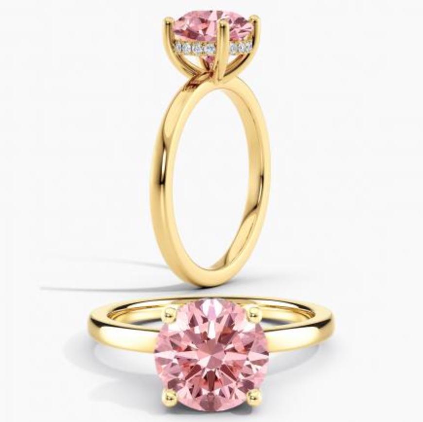 1.43 CT Pink Round Lab Grown Diamond 9KT Yellow Gold Ring - Hidden halo