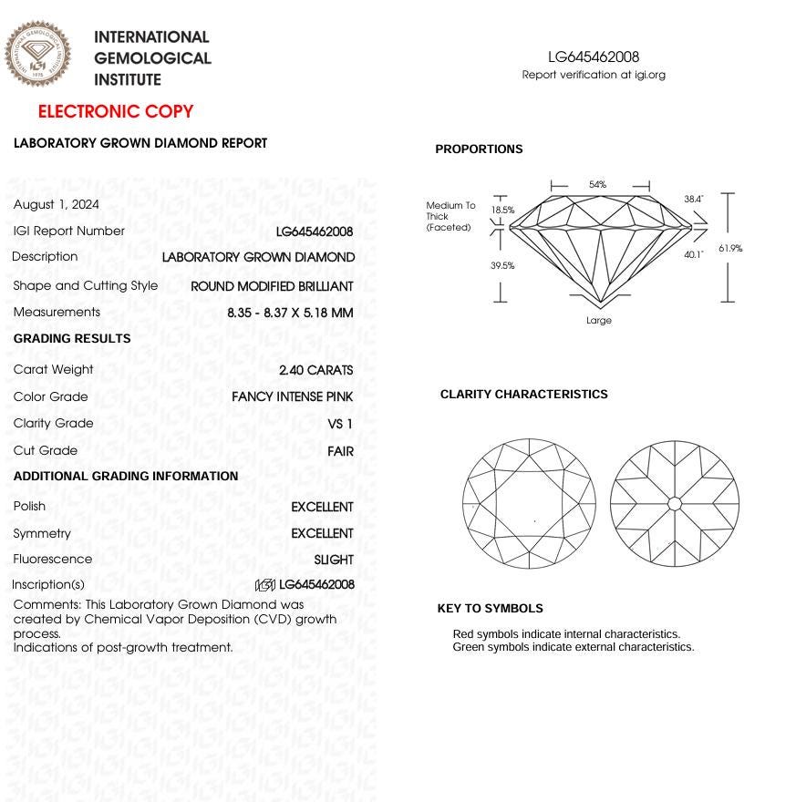 2.40 CT Pink Round Cut Lab Grown Diamond for Engagement Ring | IGI Certified | Diamond for Jewelry | Gift for Wife