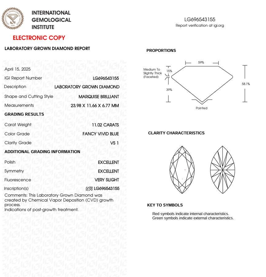 11 CT Blue Marquise Cut Lab Grown Diamond for Engagement Ring | IGI Certified | Diamond for Anniversary Gift or Wedding Gift