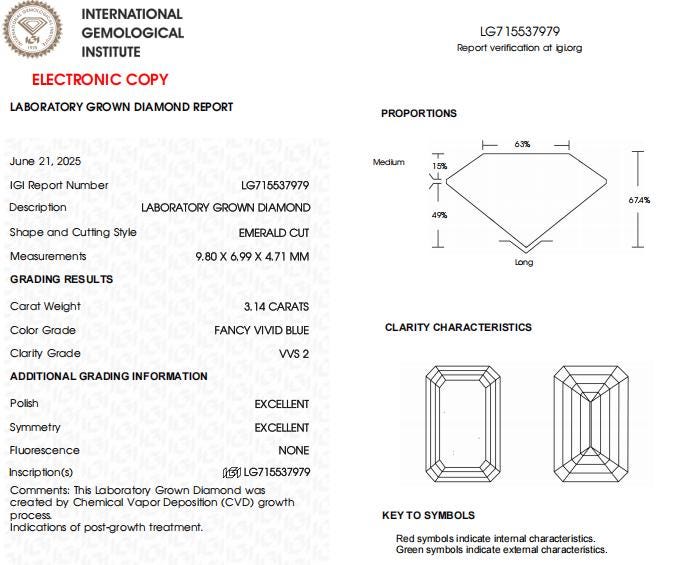 3.14 CT-VVS2 Clarity Emerald Cut Vivid Blue Lab Grown Diamond For Engagement Ring