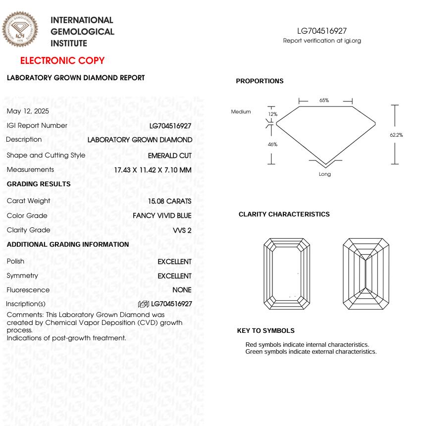 15 CT Blue Emerald Cut Lab Grown Diamond for Engagement Ring or Anniversary Gift | IGI Certified | Best for Necklace or Bracelet