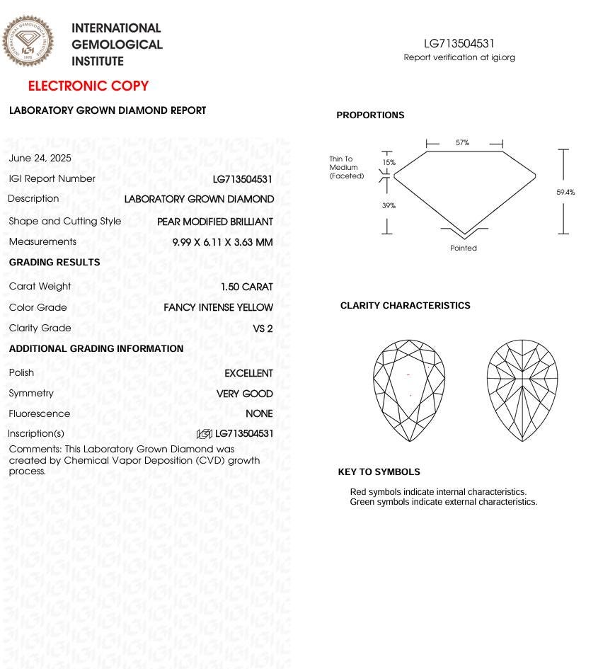 1.50 CT Yellow Pear Lab Grown Diamond for Engagement Ring | IGI Certified | Diamond for Anniversary Gift or Wedding Gift