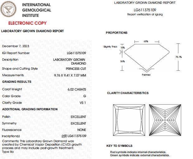 6 CT Princess Cut Lab Grown Diamond For Engagement Ring
