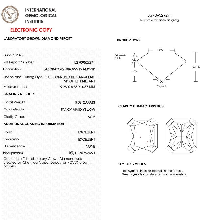 3 CT Yellow Radiant Cut Lab Grown Diamond