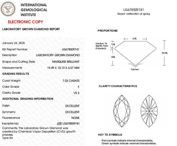 7 CT Marquise Lab Grown Diamond For Engagement Ring