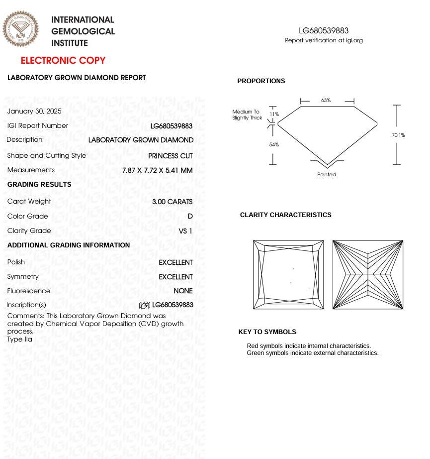 3 CT Princess Cut Lab Grown Diamond for Engagement Ring | IGI Certified | Diamond for Anniversary Gift
