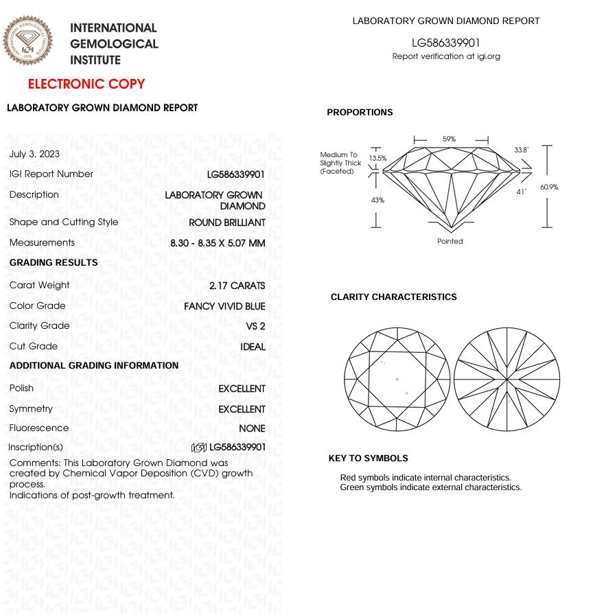 2.17 CT Blue Round Cut Lab Grown Diamond for Engagement Ring | IGI Certified | Diamond for Wedding Gift or Anniversary Gift