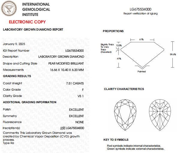 7.51 CT Pear Loose Lab Grown Diamond | Lab Created Diamond for Engagement or Anniversary Gift | Best Lab Diamond