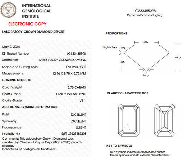 6.75 CT Emerald Cut Intense Pink Lab Grown Diamond For Engagement Ring | Anniversary Gift