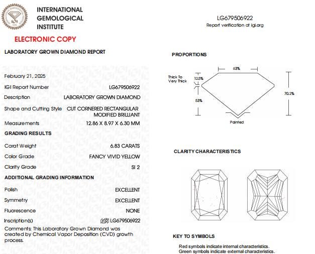6.83 CT Radiant Vivid Yellow Lab Created Diamond For Engagement Ring