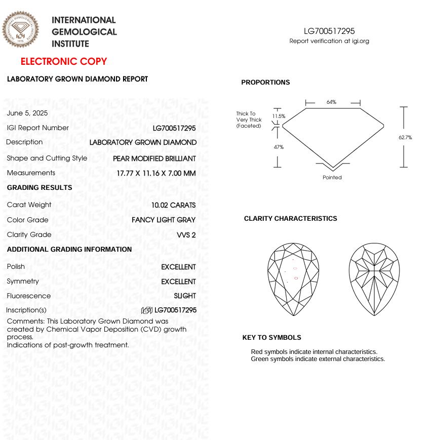 10 CT Gray Pear Lab Grown Diamond for Engagement Ring or Anniversary Gift | IGI Certified | Best for Necklace or Earrings | Gift for Wife