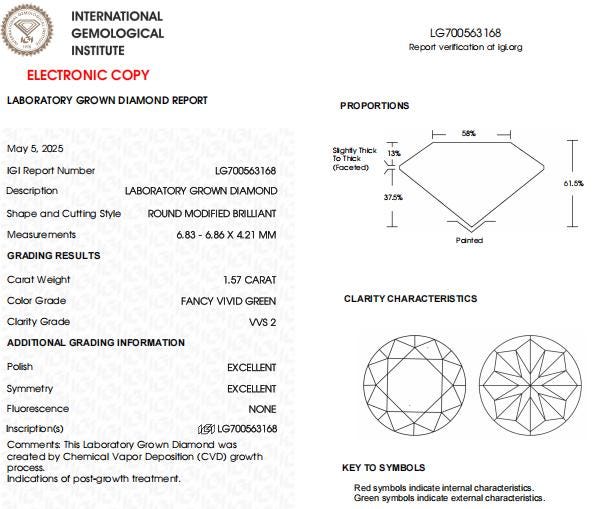 1.57 CT-VVS2 Green Color IGI Certified  Lab Grown Diamond for Custom Engagement Ring or Anniversary Gift