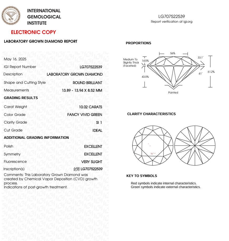 10 CT Green Round Cut Lab Grown Diamond for Engagement Ring | IGI Certified | Diamond for Anniversary Gift or Wedding Gift