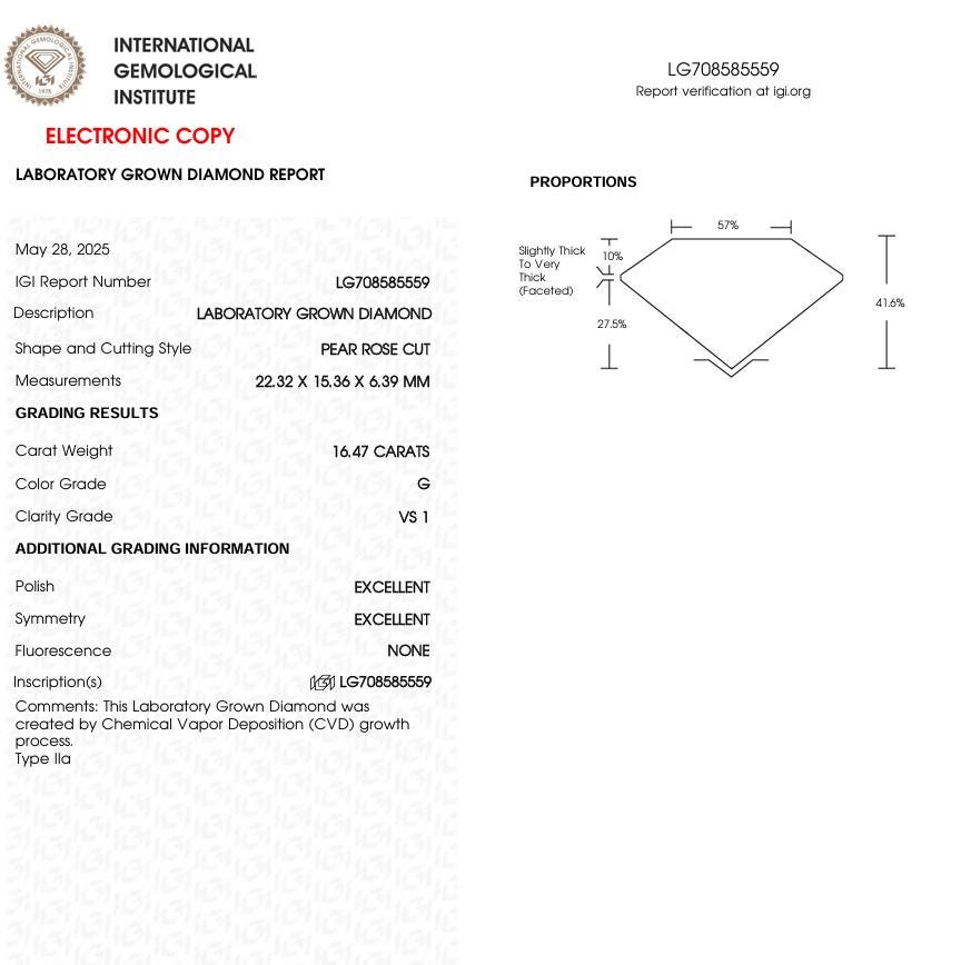 16.47 CT Pear Rose Cut Lab Grown Diamond for Engagement Ring or Anniversary Gift | IGI Certified | Best for Necklace or Bracelet