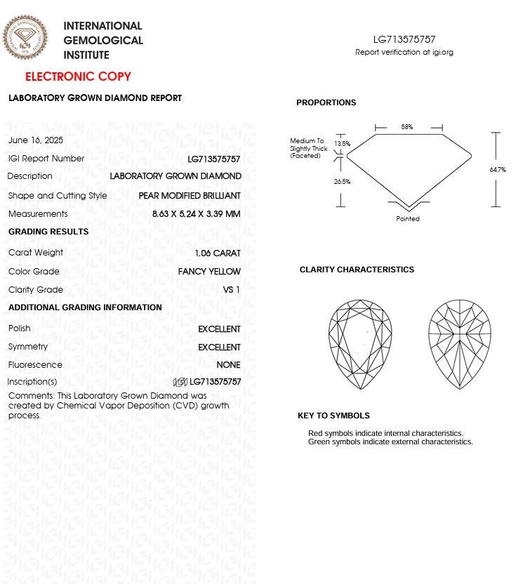 1 CT Yellow Pear Shape Lab Grown Diamond | IGI Certified | Diamond for Anniversary Gift or Wedding Gift