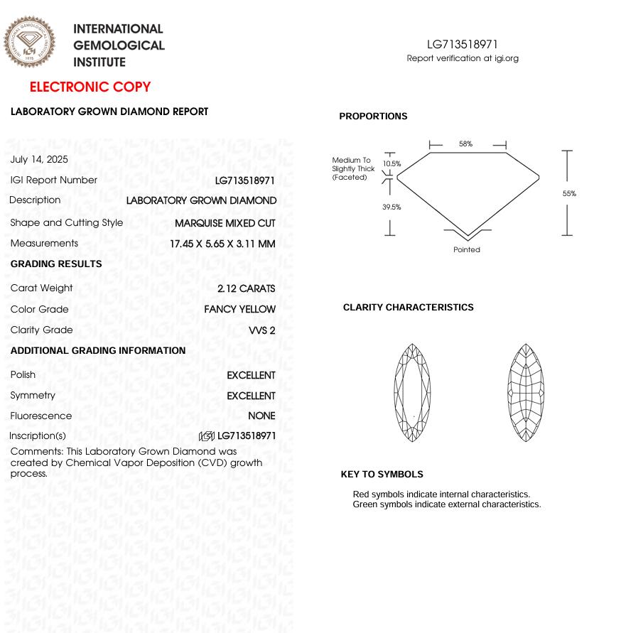 2.12 CT Yellow Marquise Cut Lab Grown Diamond for Engagement Ring | IGI Certified | Diamond for Necklace or Bracelet