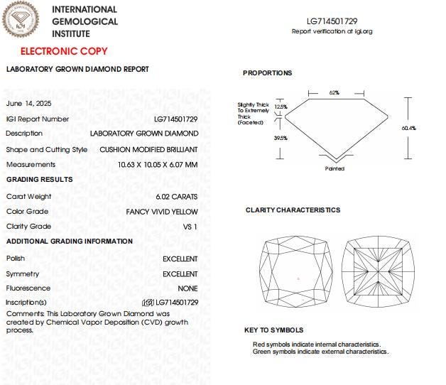 6 CT Cushion Cut Vivid Yellow Lab Grown Diamond For Engagement Ring | Diamond Jewelry