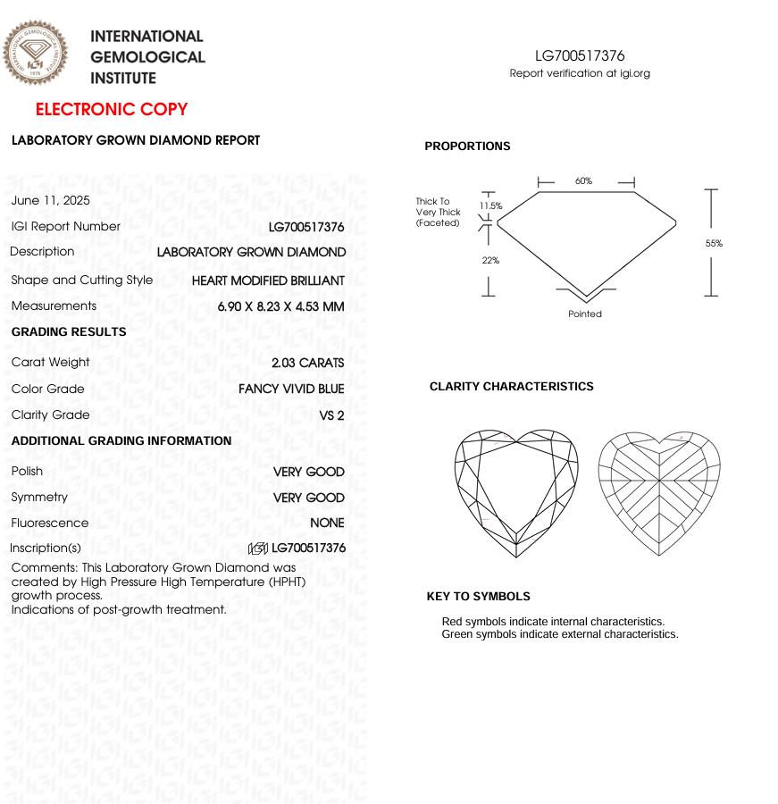 2 CT Blue Heart Cut Lab Grown Diamond | IGI Certified | Diamond for Engagement Ring or Anniversary Gift | Gift for Girl