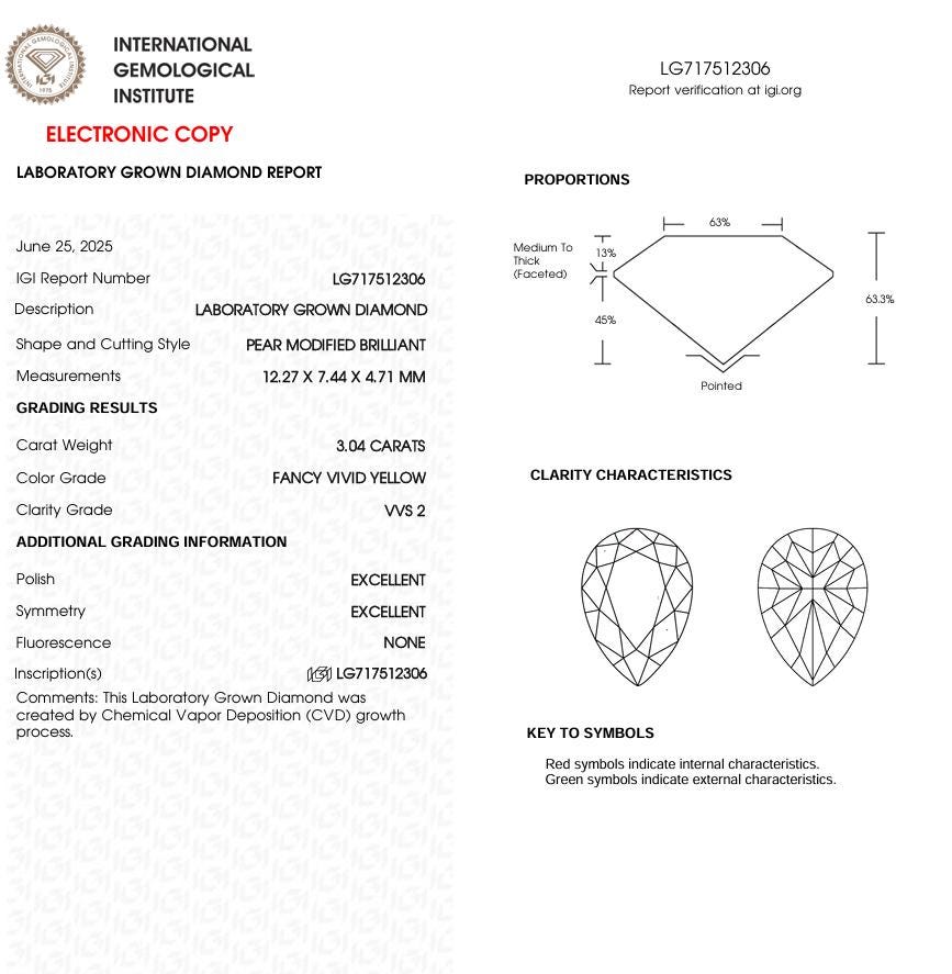 3 CT Yellow Pear Cut Lab Grown Diamond for Engagement Ring